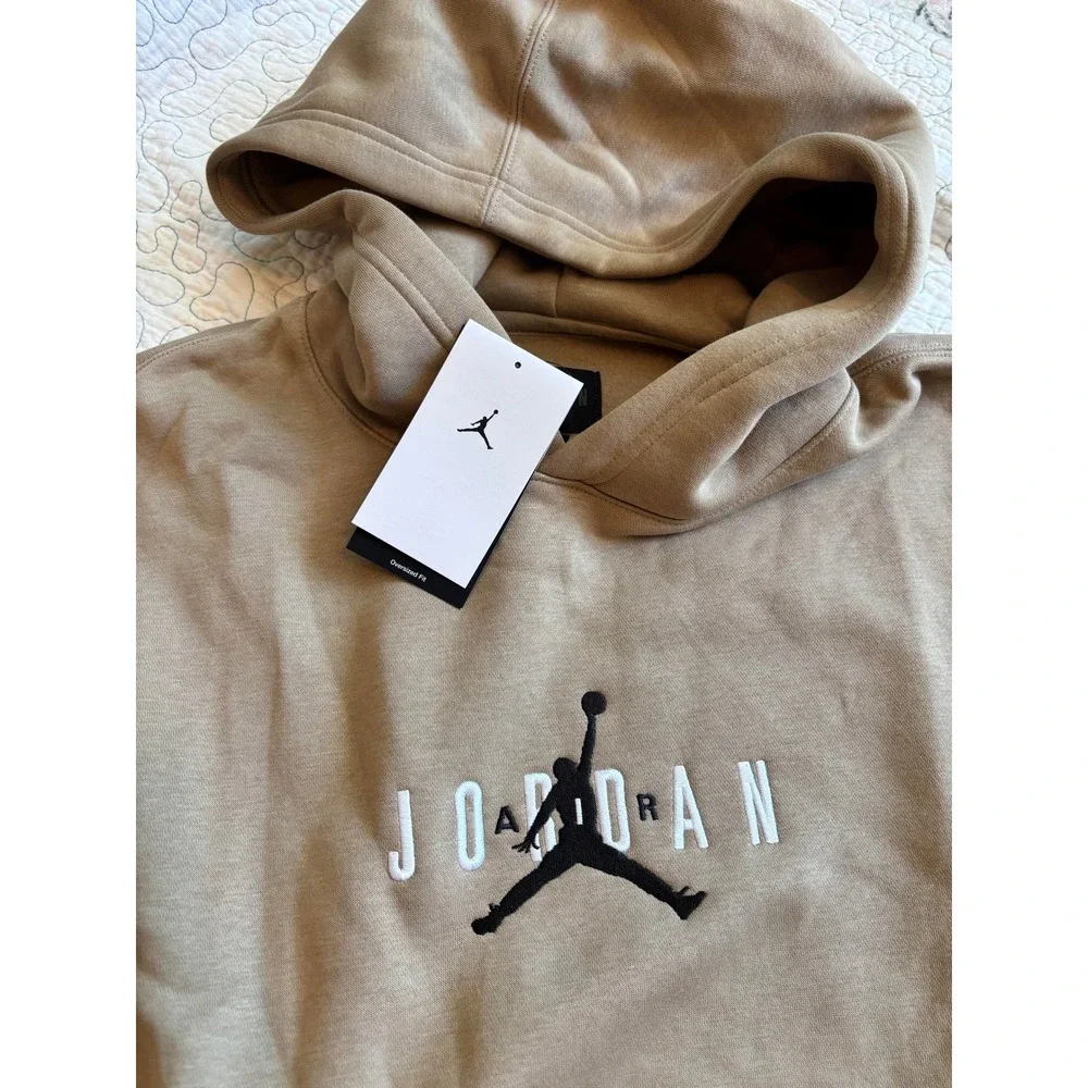 Jordan Mens Oversized Fleece Hoodie Tan Khaki Jumpman Logo Size Medium